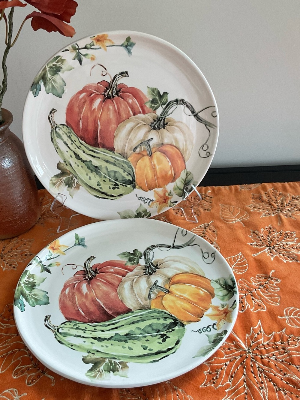 BICO Hand Painted Autumn Harvest Pumpkin 11” Dinner Plates, Set of 2 Fall